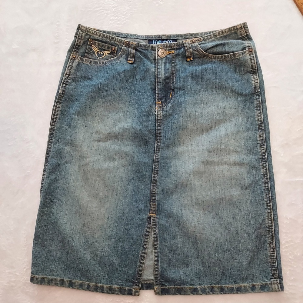 Vtg Angels‎ Sz 3 Blue Denim Mini Skirt Front Slit Y2K Medium Wash Festival